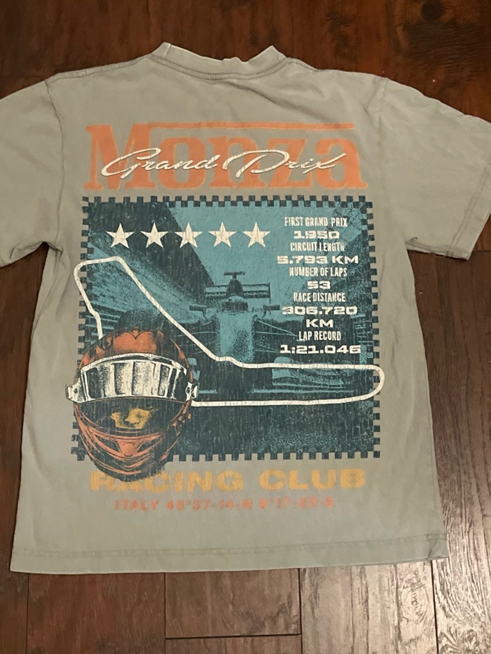 Men's Light Gray Grand Prix Racing Graphic Tee with Orange & Teal Accents